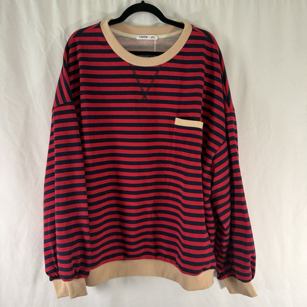 New Tarse Sweater Women's 2XL Red Black Striped Pocket Round Neck Long Sleeve